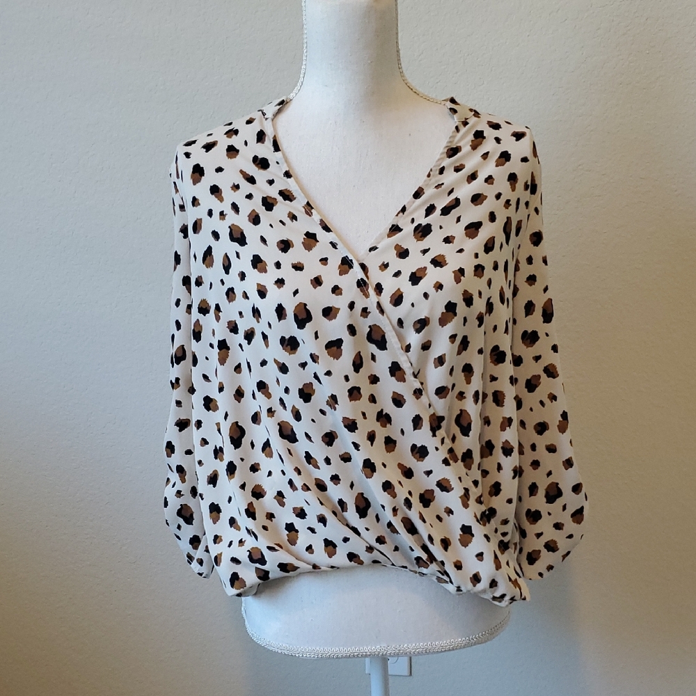 (4 for $10) All in Favor Cream and Brown Leopard Print Wrap-Front Blouse